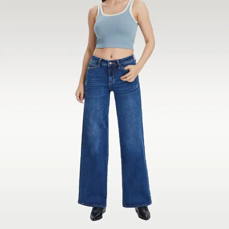 ONESO Mid-low Rise Baggy Jeans Stretchy WidLeg for Women Distressed Pants Light Blue/Dar!Blue Womenswear Bottom 8001 Lady BasicMinimalist Comfortable Denim Tummy ControlCurve Hugging Plus Size Regular Size BBL