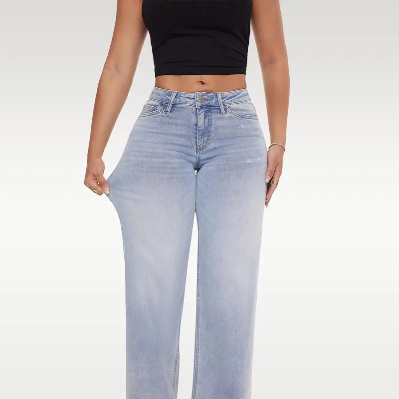 ONESO Mid-low Rise Baggy Jeans Stretchy WidLeg for Women Distressed Pants Light Blue/Dar!Blue Womenswear Bottom 8001 Lady BasicMinimalist Comfortable Denim Tummy ControlCurve Hugging Plus Size Regular Size BBL