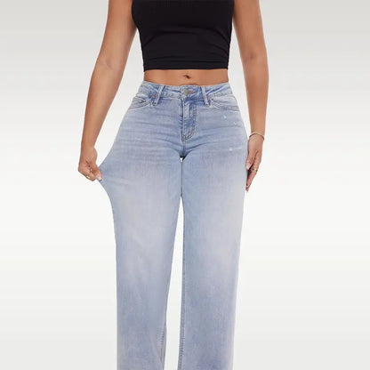 ONESO Mid-low Rise Baggy Jeans Stretchy WidLeg for Women Distressed Pants Light Blue/Dar!Blue Womenswear Bottom 8001 Lady BasicMinimalist Comfortable Denim Tummy ControlCurve Hugging Plus Size Regular Size BBL